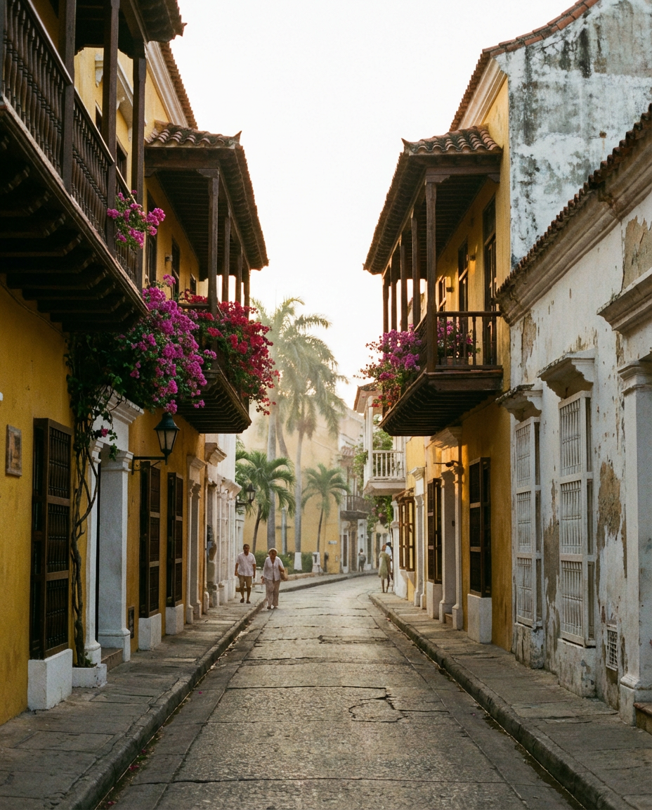 Cartagena de Indias, Kolumbien — Altstadt mit Bougainvillea und kolonialen Balkonen im Abendlicht