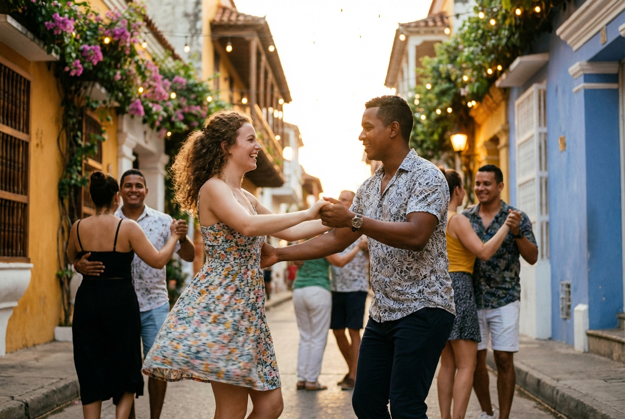 Reisendes Paar tanzt bei goldener Abendsonne Salsa in einer Gasse von Getsemaní, Cartagena
