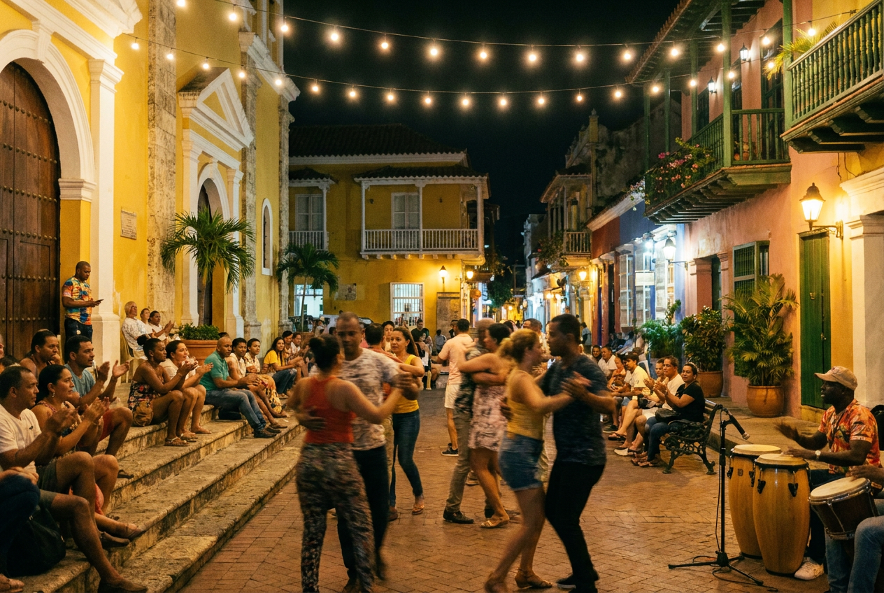 Menschen tanzen abends Salsa auf der Plaza Trinidad in Getsemaní, Cartagena